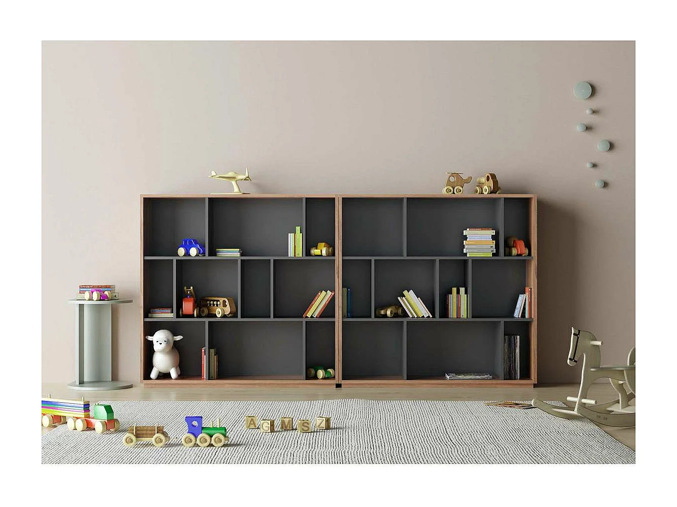 Estantería 3 alturas modelo 546 acabado nogal claro/grafito. 117 cm(alto), 119 cm(ancho),