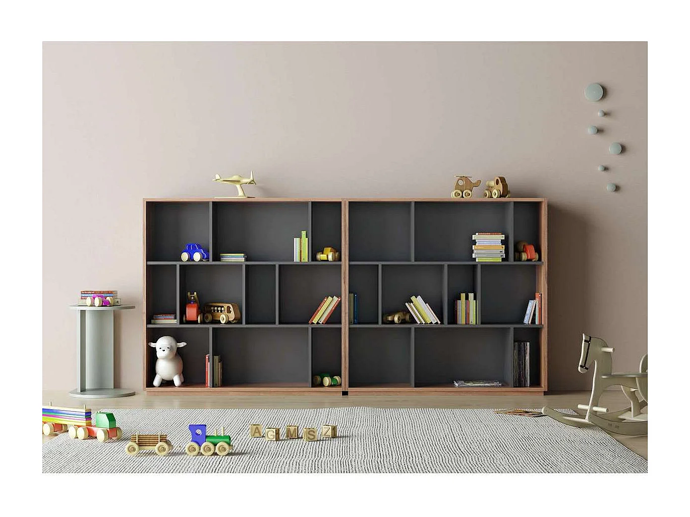 Estantería 3 alturas modelo 546 acabado nogal claro/grafito. 117 cm(alto), 119 cm(ancho)