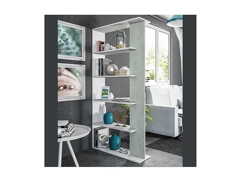 Estantería alta Cairo en blanco artik y cemento, 180cm(alto) 90cm(ancho) 25cm(fondo) .