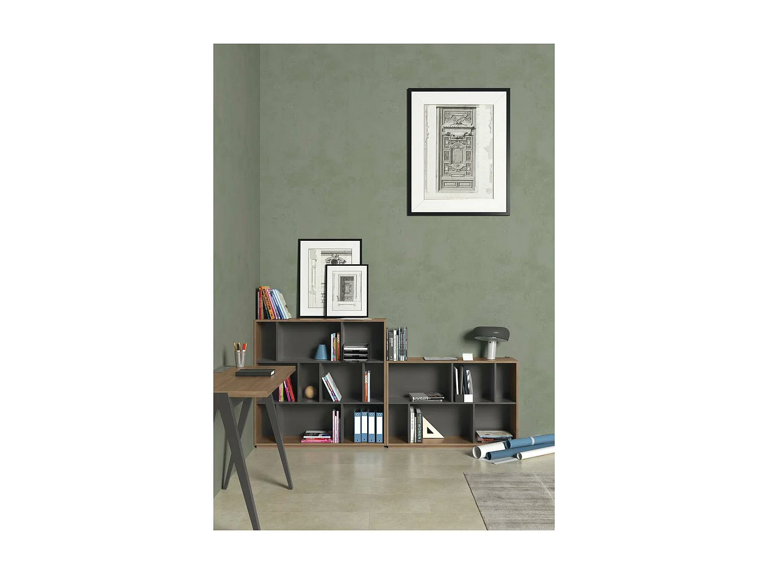 Estantería 2 alturas modelo 547 acabado nogal claro/grafito. 80cm(alto), 119cm(ancho), 32