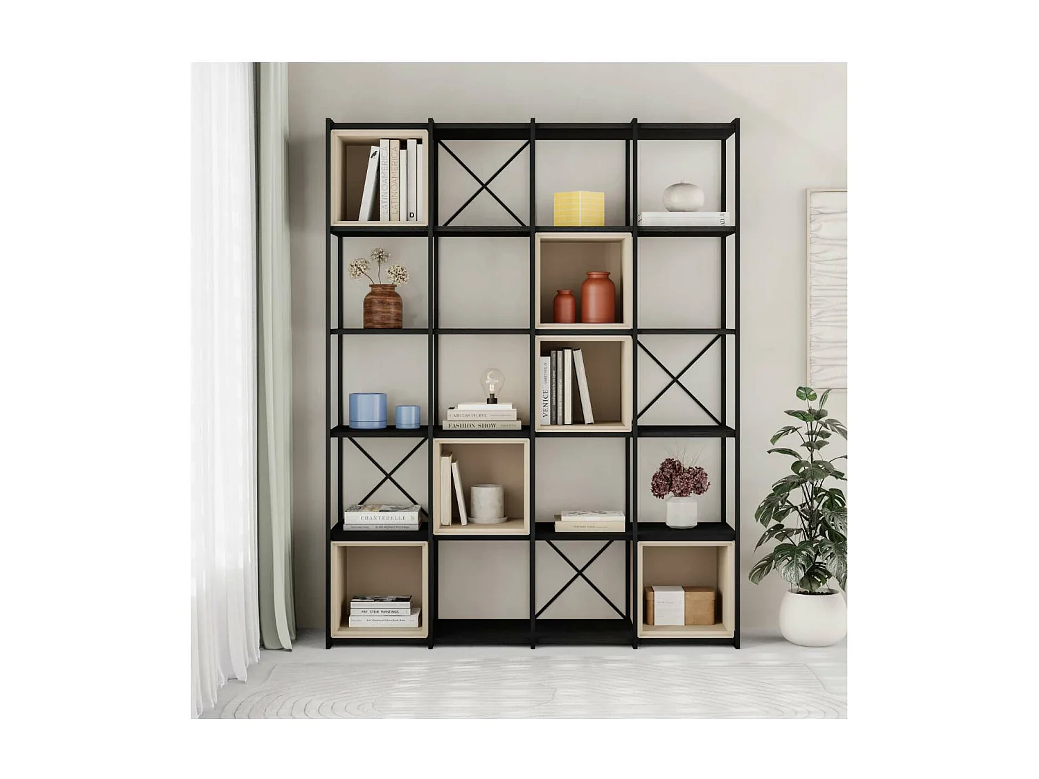 Estantería 5 cubos y estantes modelo Berta-140 acabado negro/crema, 179cm(alto) 139.5cm(a