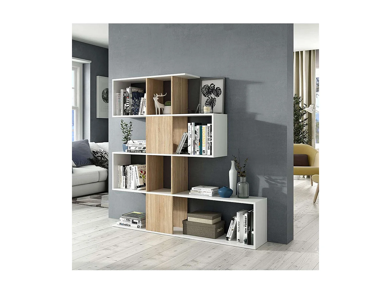 Estanteria Zig Zag en blanco artik y roble canadian 145 cm(alto)145 cm(ancho)29 cm(fondo)