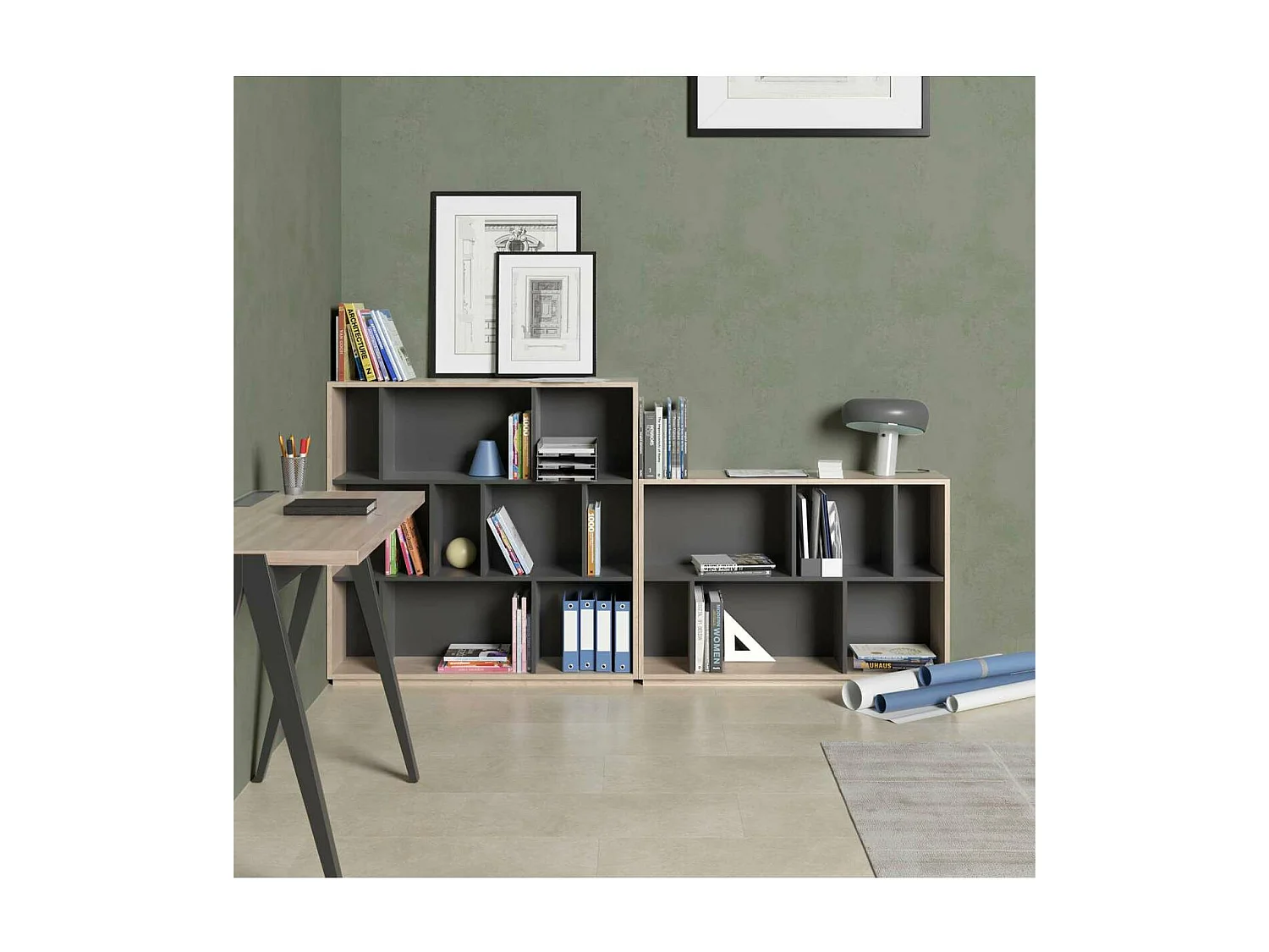 Estantería 3 alturas modelo 546 acabado roble claro/grafito. 117 cm(alto), 119 cm(ancho),