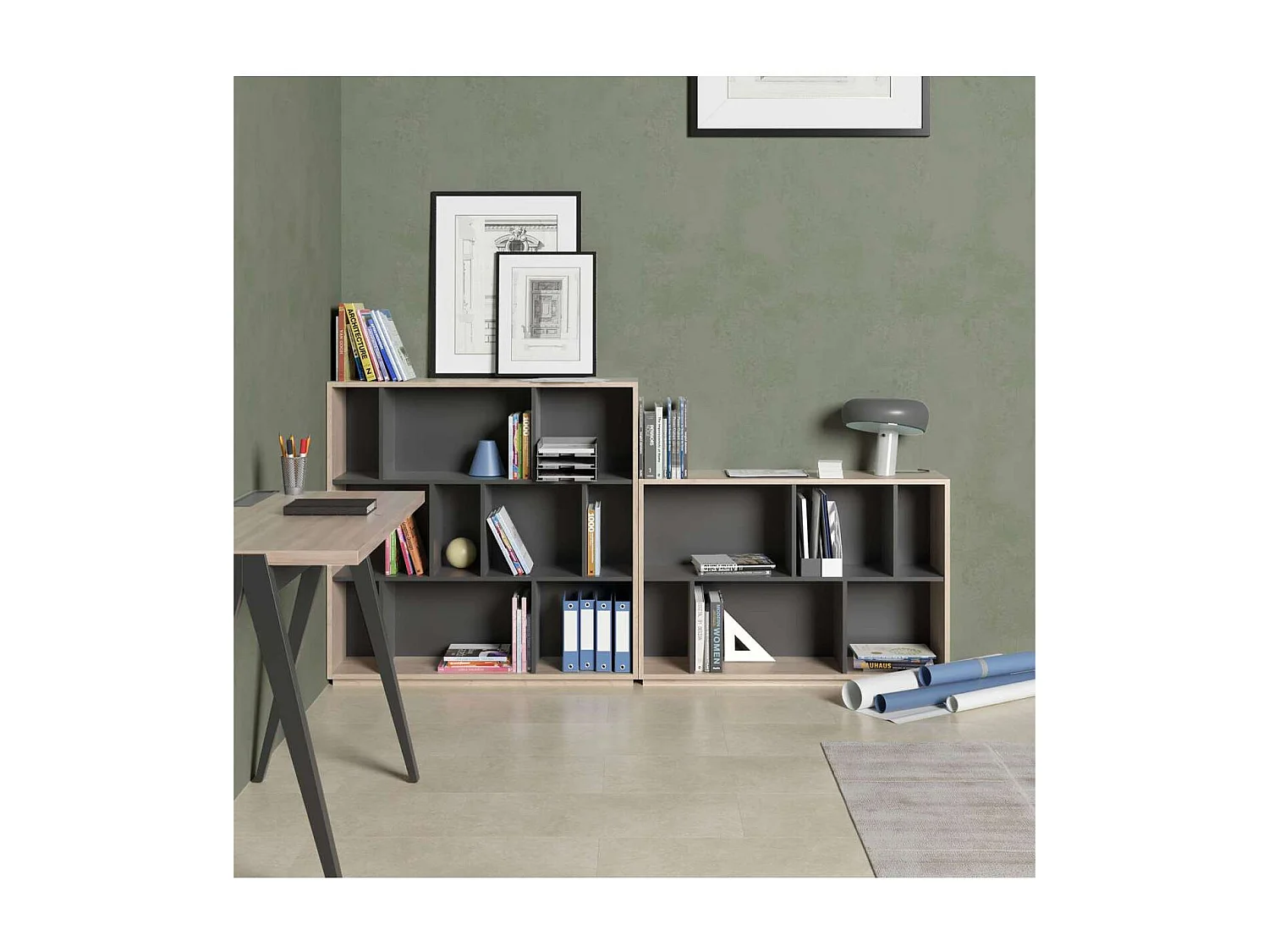 Estantería 3 alturas modelo 546 acabado roble claro/grafito. 117 cm(alto), 119 cm(ancho)