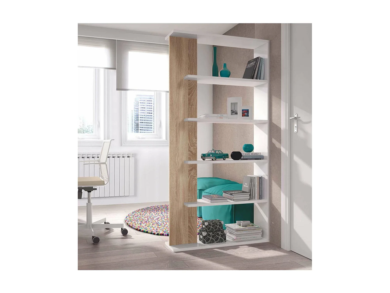 Estantería Alida alta de 5 estantes acabado blanco artic/roble, 180 cm(alto)90 cm(ancho)2