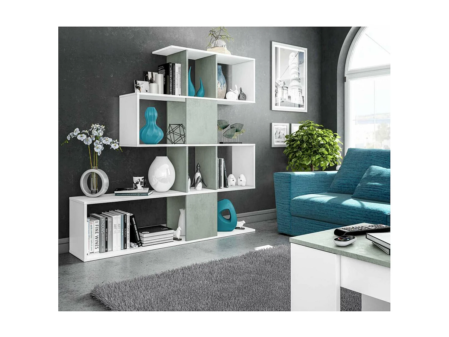 Estanteria Zig Zag en blanco artik y cemento 145 cm(alto)145 cm(ancho)28 cm(fondo) .