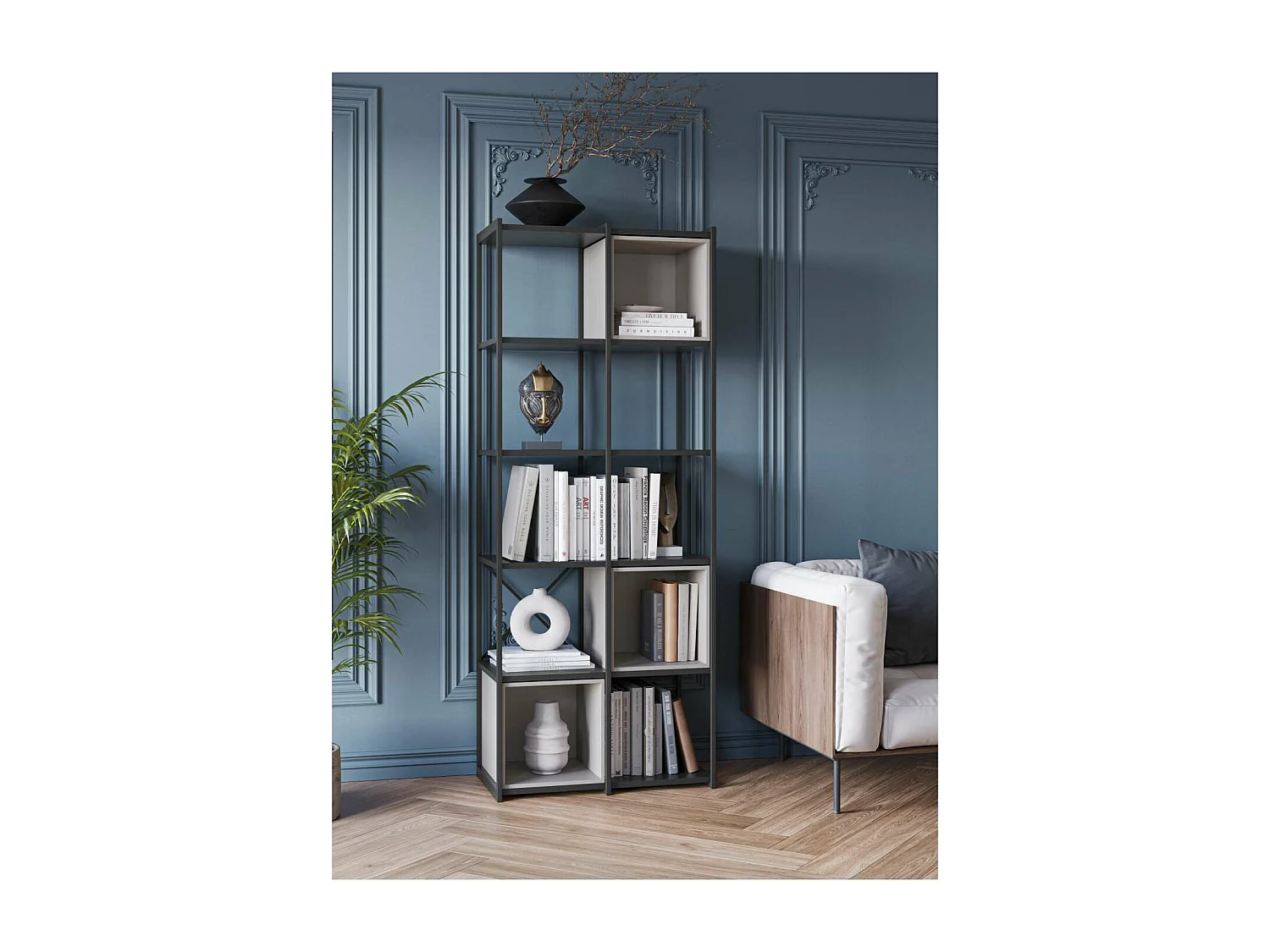 Estantería 3 cubos y estantes modelo Berta-70 acabado negro/crema, 179cm(alto) 70cm(ancho