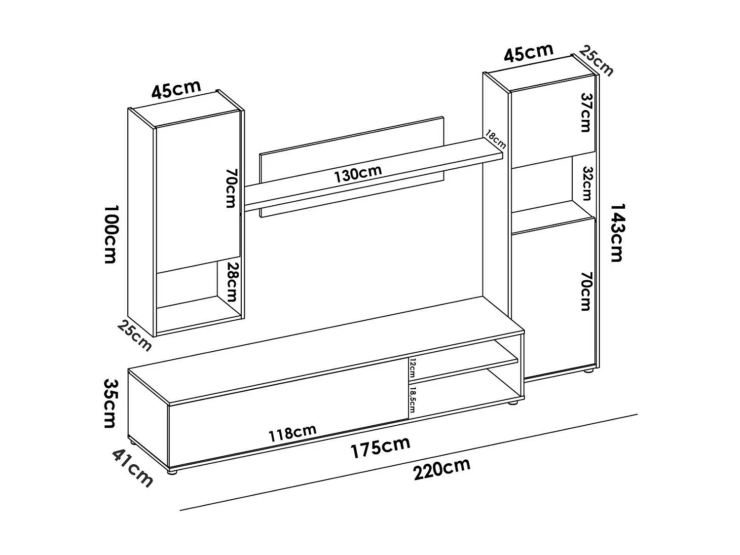 Mueble de salon Kala  Blanco Nordic180 cm(alto)220 cm(ancho)41 cm(largo)