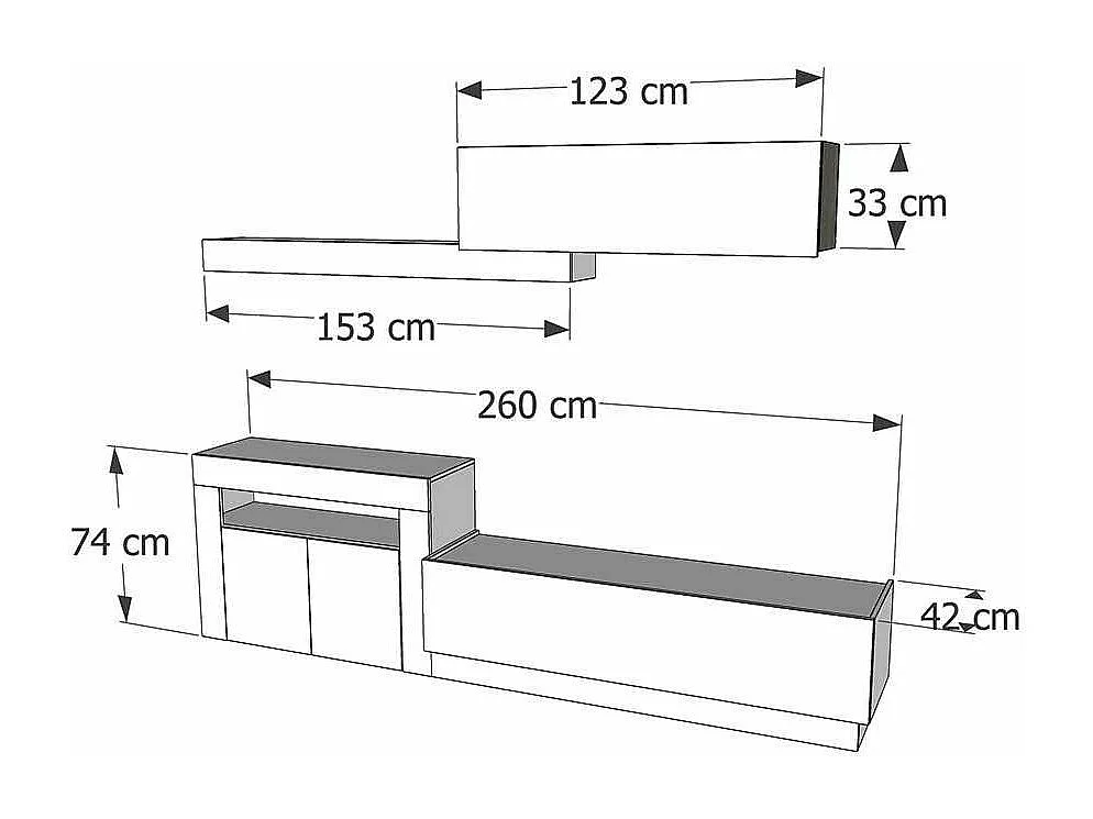 Composición de salón Max blanco y bambú. 260 cm de ancho. Se sirve montado.