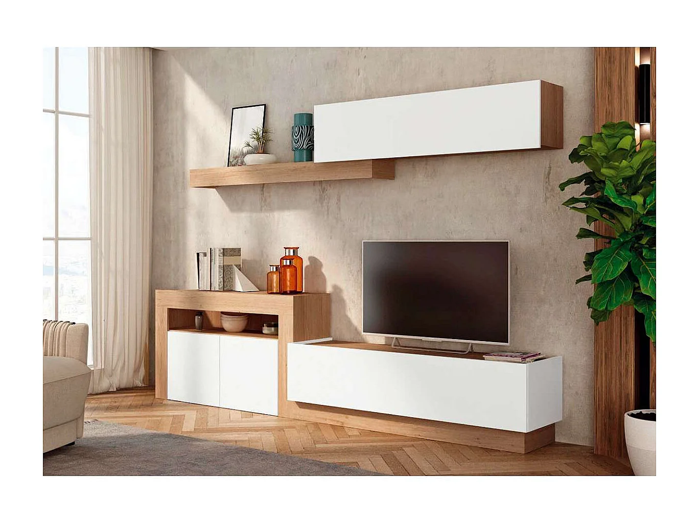 Composición de salón Max blanco y bambú. 260 cm de ancho. Se sirve montado.