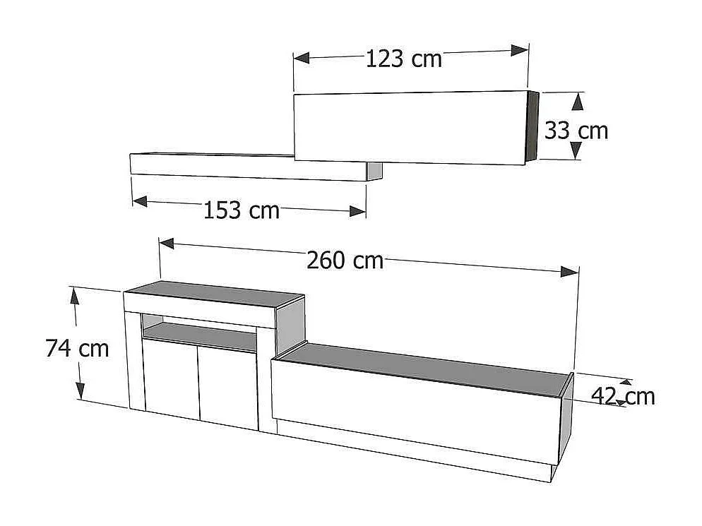 Composición de salón Max blanco y bambú. 260 cm de ancho. Se sirve montado.