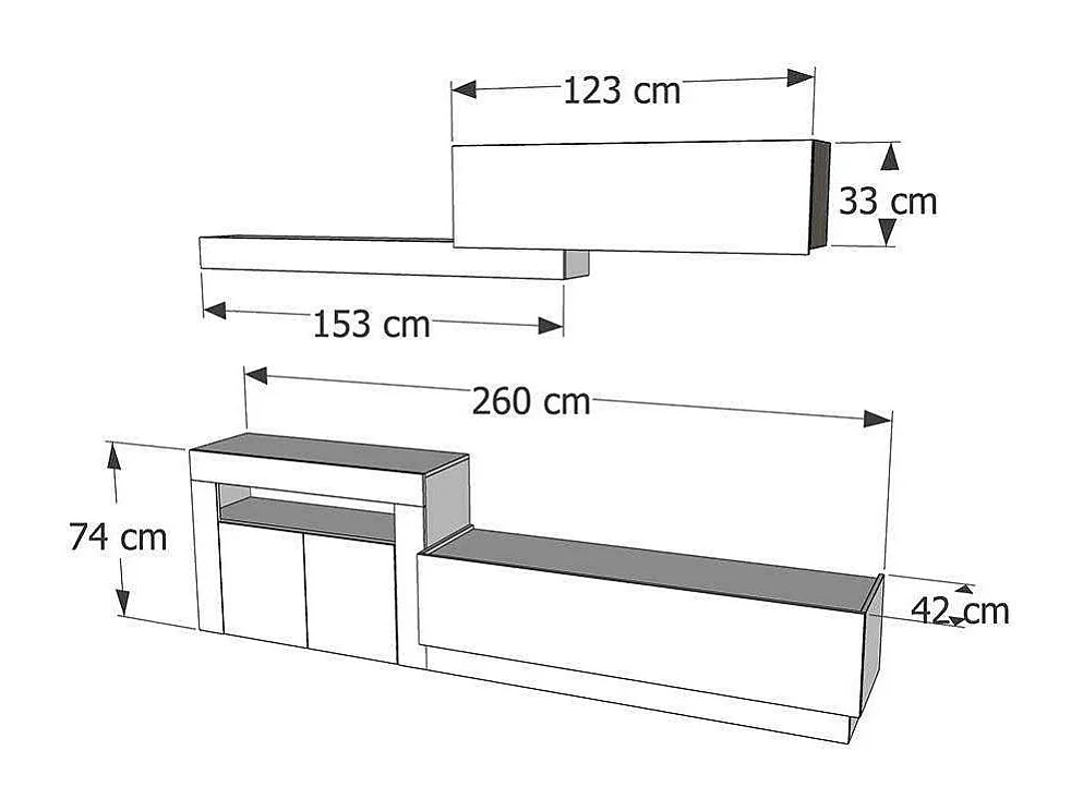 Composición de salón Max blanco y bambú. 260 cm de ancho. Se sirve montado.