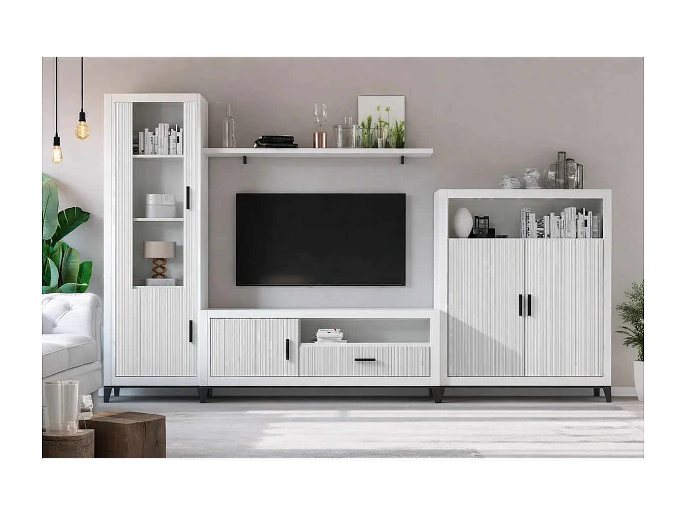 Composición de salón Elena blanco y gris. 300 cm de ancho. Se sirve montado.