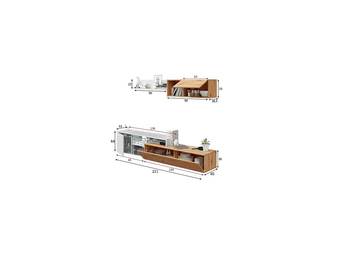 Conjunto salón Teho acabado roble y blanco artik reversible 44 cm(alto) 2,21 cm(ancho) 40