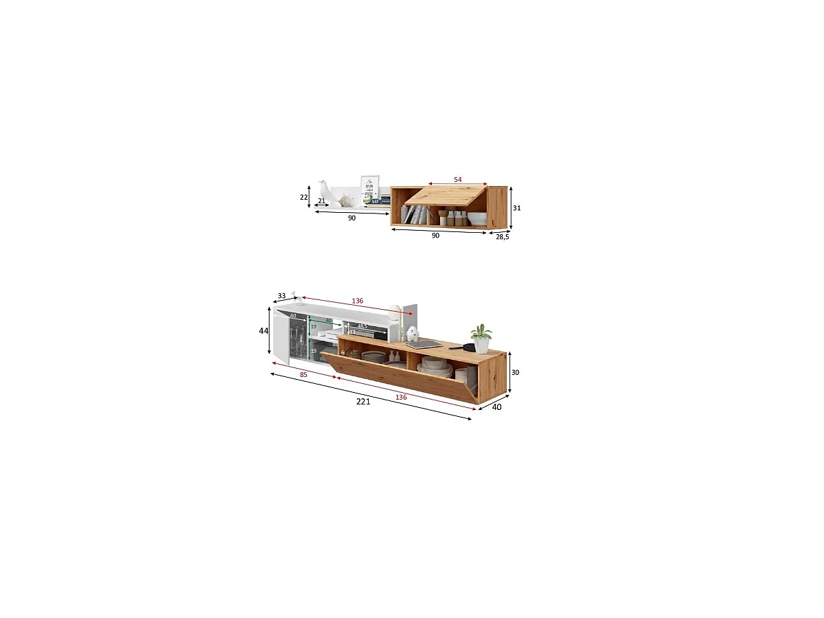 Conjunto salón Teho acabado roble y blanco artik reversible 44 cm(alto) 2,21 cm(ancho) 40