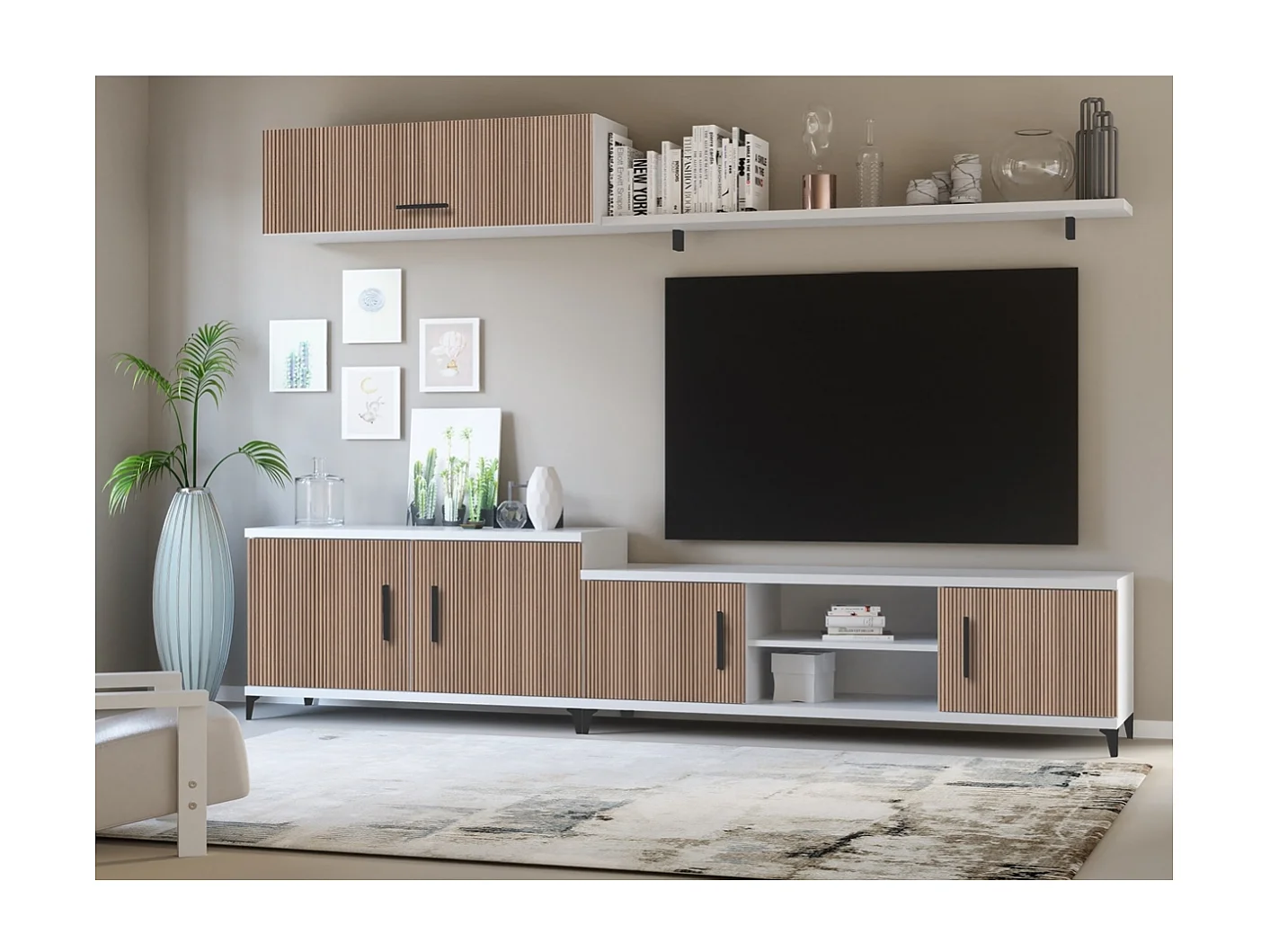 Composición de salón Rebeca blanco y marrón. 240 cm de ancho. Se sirve montado.