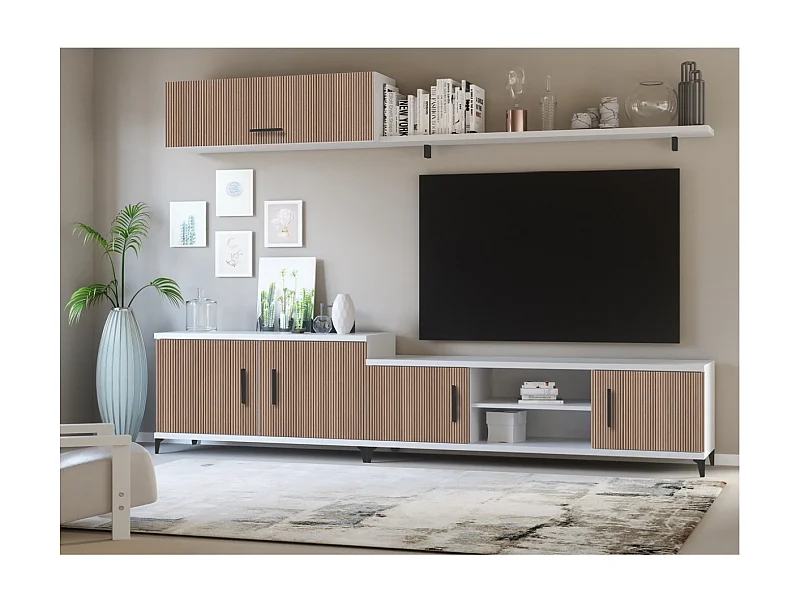 Composición de salón Rebeca blanco y marrón. 240 cm de ancho. Se sirve montado.