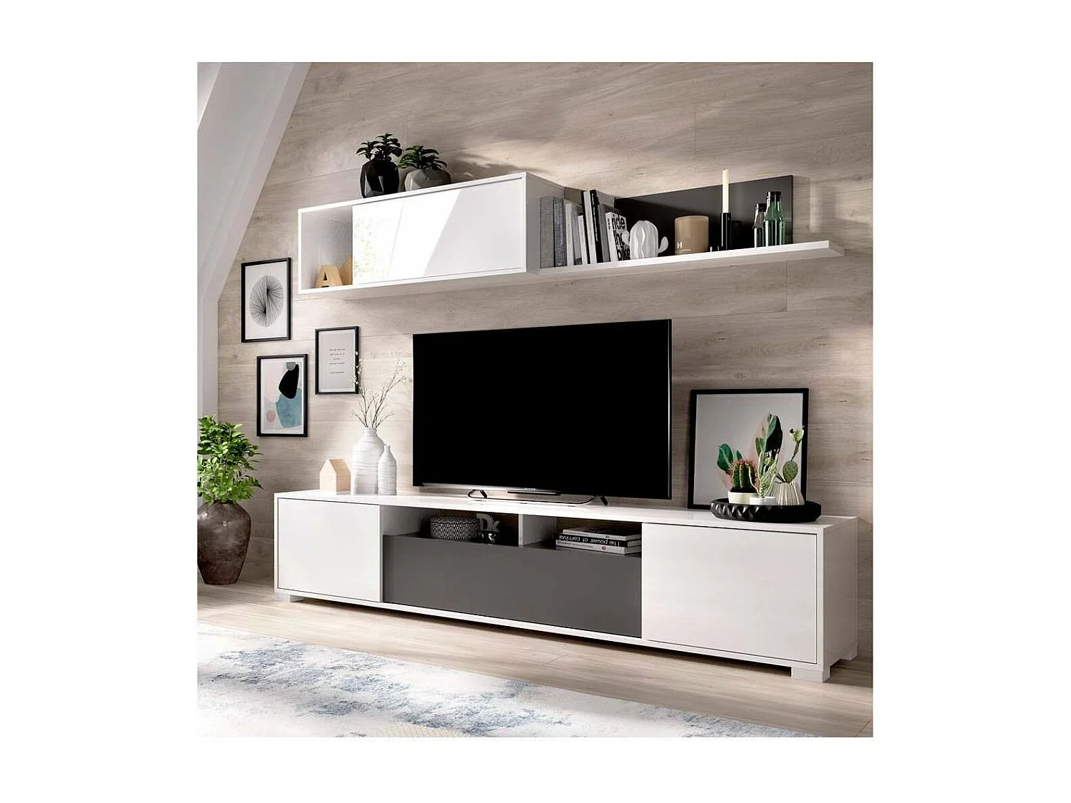 Conjunto mueble salon television Fuerte del Rey en blanco brillo y grafito 180 cm(alto)200