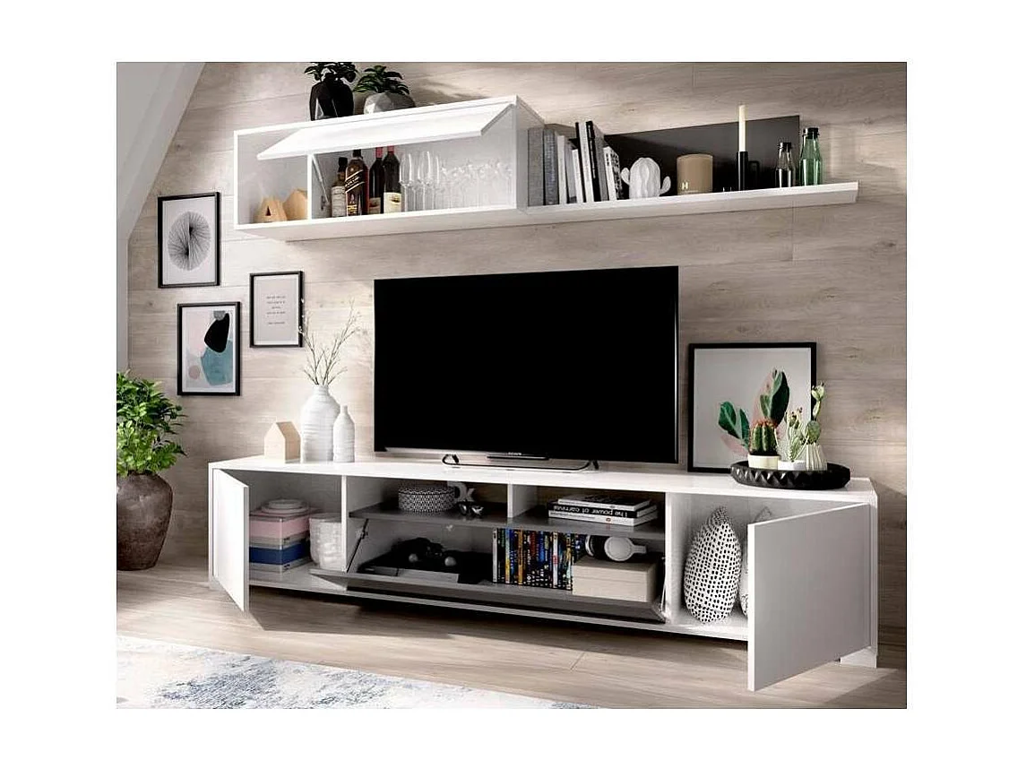Conjunto mueble salon television Fuerte del Rey en blanco brillo y grafito 180 cm(alto)200