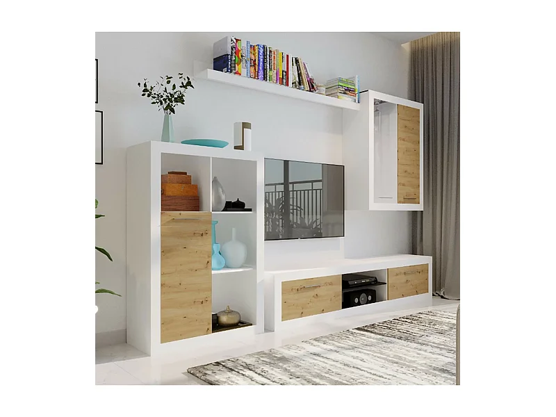 Conjunto salón Bellingham acabado blanco/roble, 200cm(alto ) 202cm(ancho) 40cm(largo)