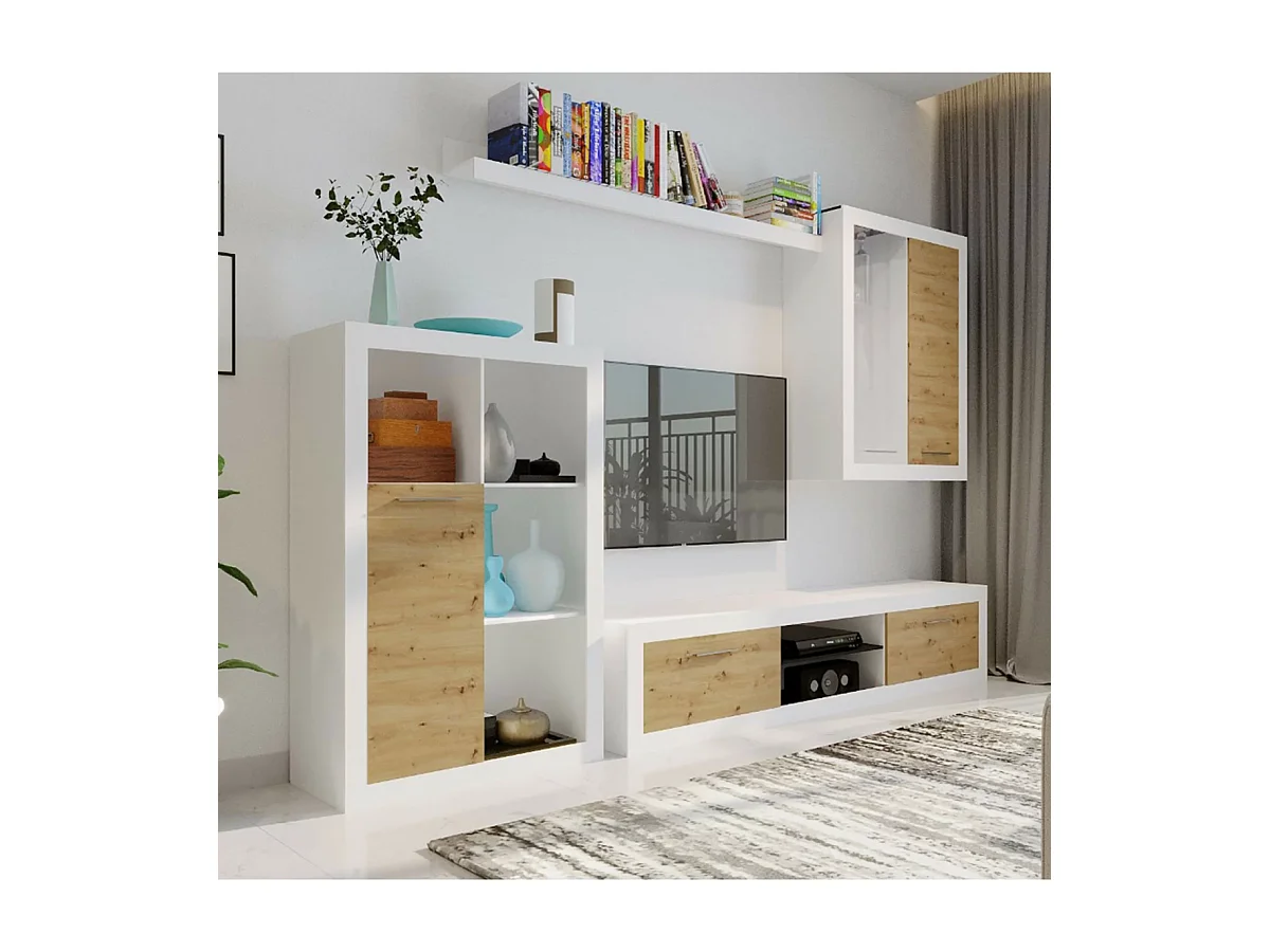 Conjunto salón Bellingham acabado blanco/roble, 200cm(alto ) 202cm(ancho) 40cm(largo)