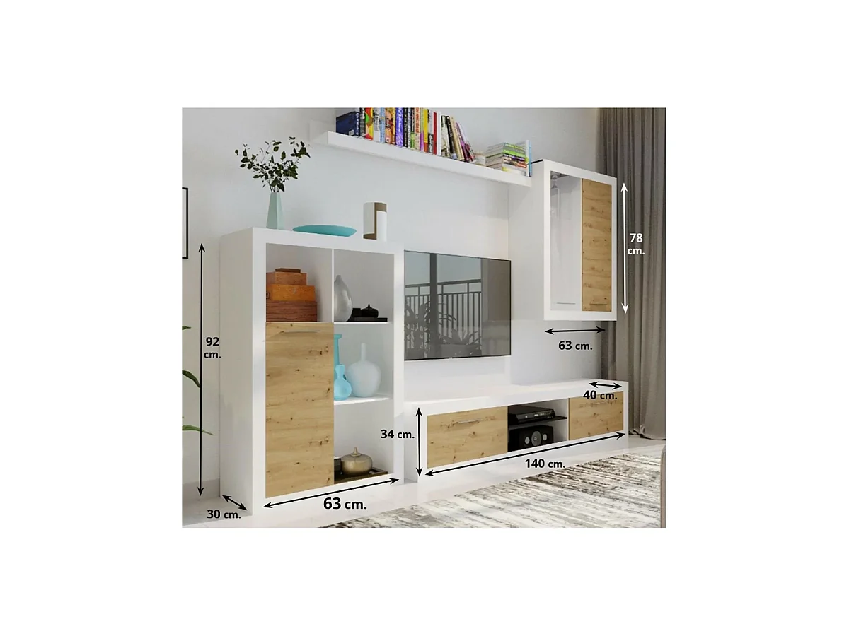 Conjunto salón Bellingham acabado blanco/roble, 200cm(alto ) 202cm(ancho) 40cm(largo)