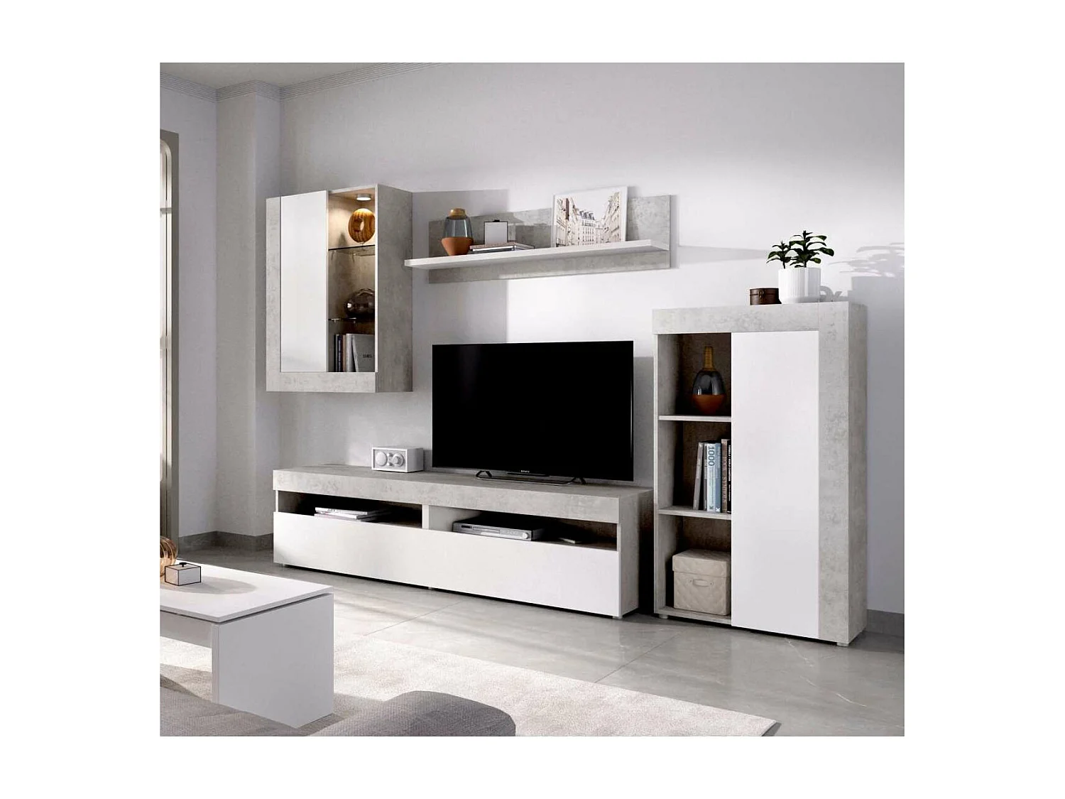Mueble salón Villatorres cemento/blanco 180 cm(alto)265 cm(ancho)42 cm(largo)