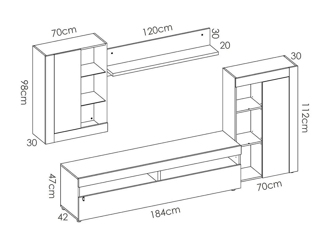 Mueble salón Villatorres cemento/blanco 180 cm(alto)265 cm(ancho)42 cm(largo)