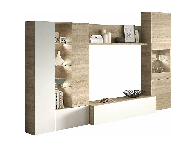 Mueble salon Macael en roble canadian y blanco brillo con led 185 cm(alto)260 cm(ancho)42