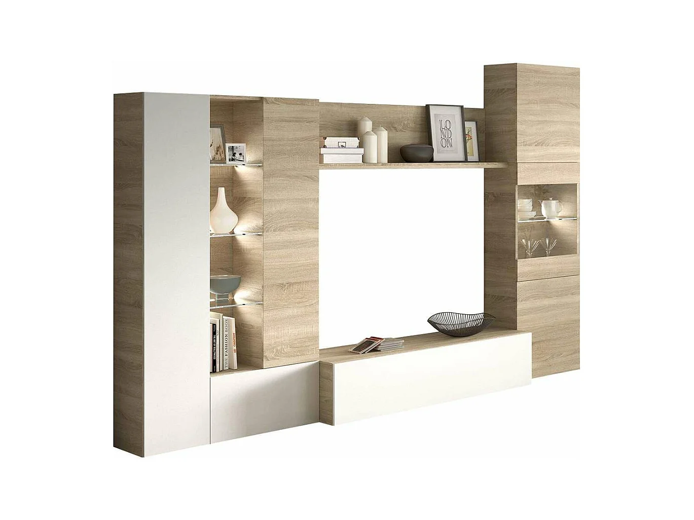 Mueble salon Macael en roble canadian y blanco brillo con led 185 cm(alto)260 cm(ancho)42