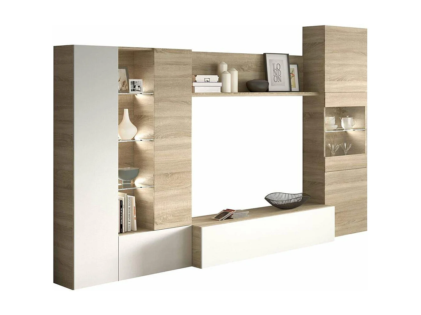 Mueble salon Macael en roble canadian y blanco brillo con led 185 cm(alto)260 cm(ancho)42