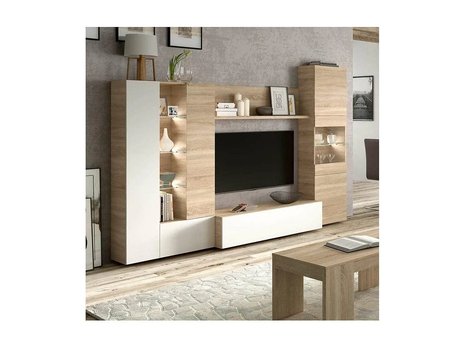 Mueble salon Macael en roble canadian y blanco brillo con led 185 cm(alto)260 cm(ancho)42