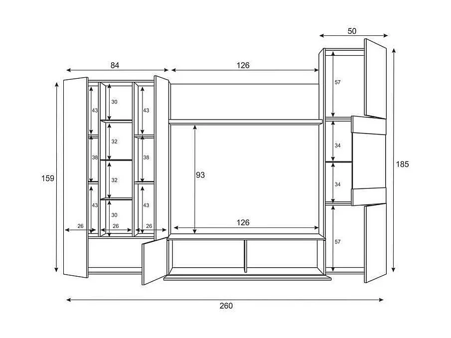 Mueble salon Macael en roble canadian y blanco brillo con led 185 cm(alto)260 cm(ancho)42
