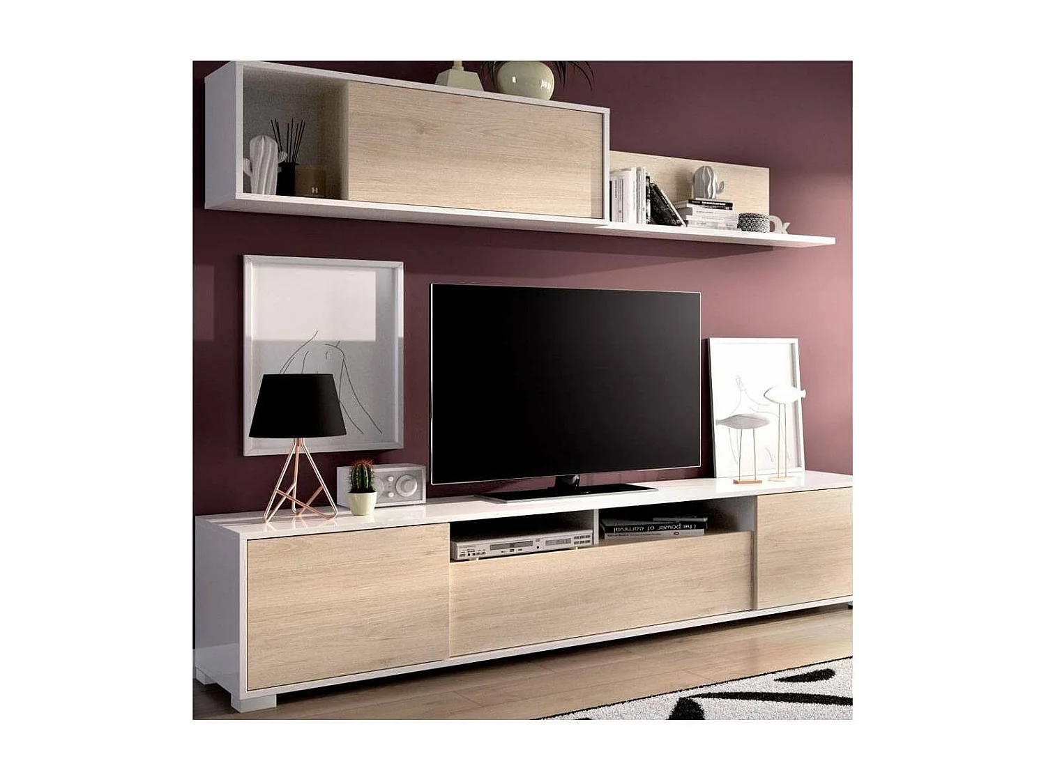 Conjunto mueble salon television Fuerte del Rey en blanco y natural 180 cm(alto)200 cm(anc
