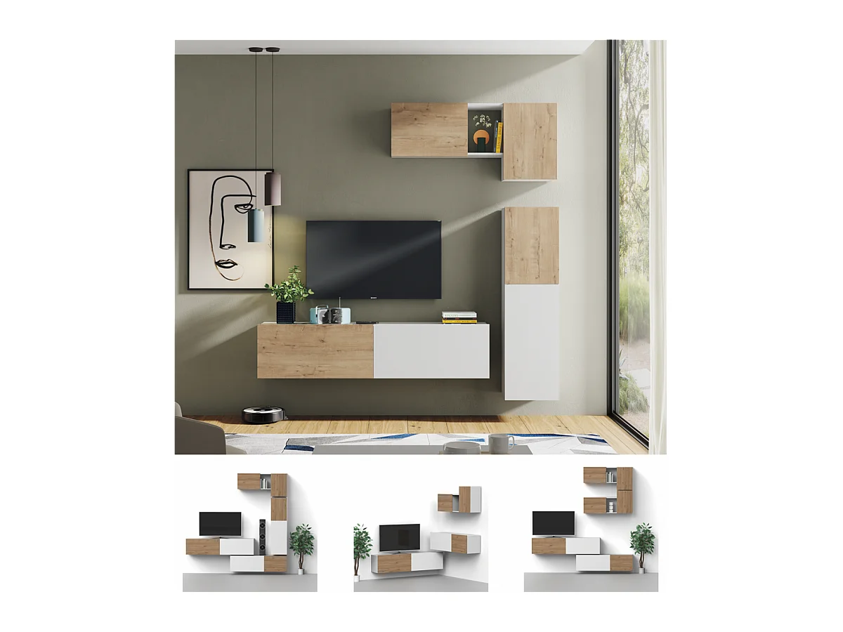 Conjunto para salón Nilo acabado roble gold/ blanco mate.