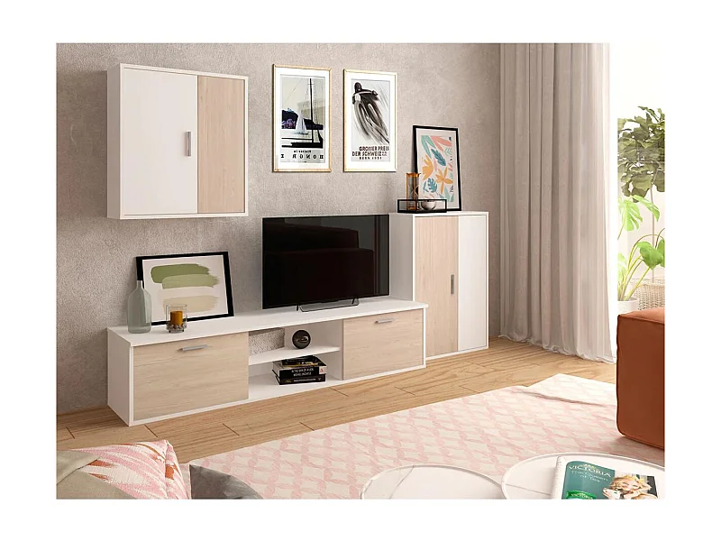 Composición de salón blanco/roble sahara modelo Zeta, 200 cm(alto)220 cm(ancho)40 cm(lar