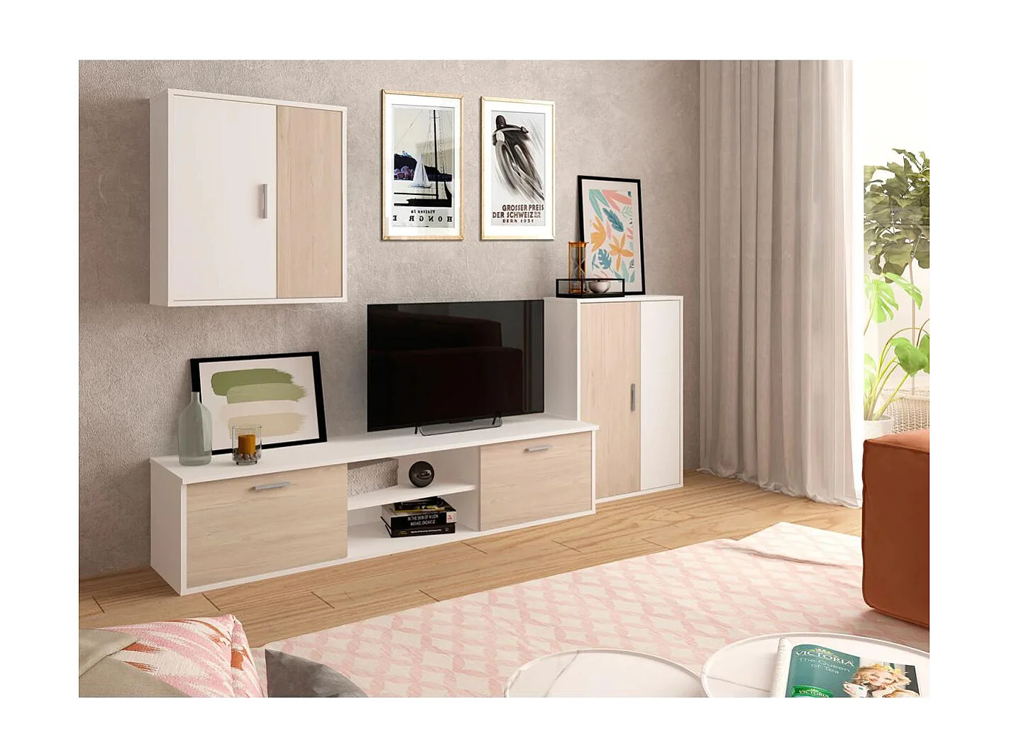 Composición de salón blanco/roble sahara modelo Zeta, 200 cm(alto)220 cm(ancho)40 cm(lar