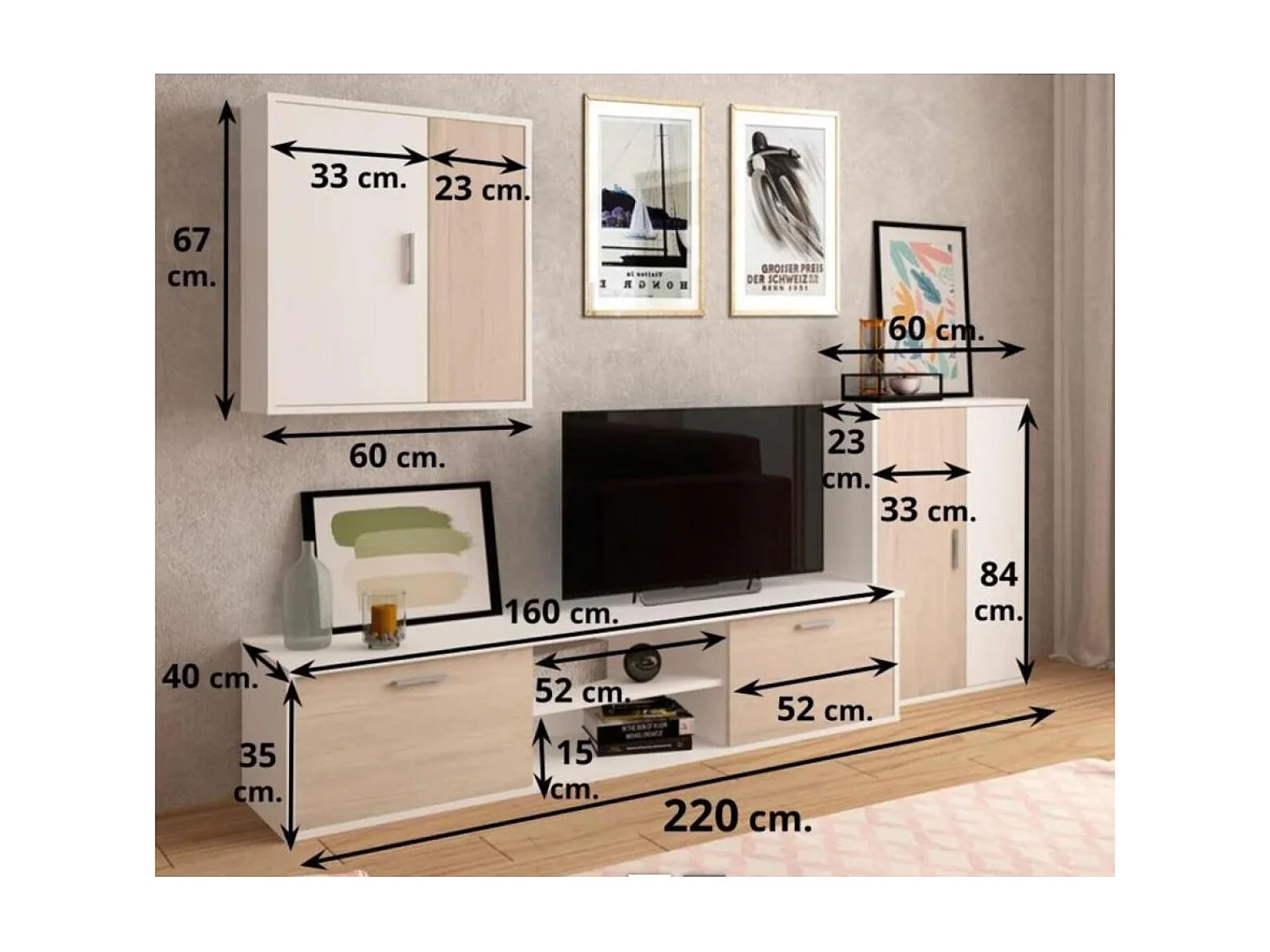 Composición de salón blanco/roble sahara modelo Zeta, 200 cm(alto)220 cm(ancho)40 cm(lar