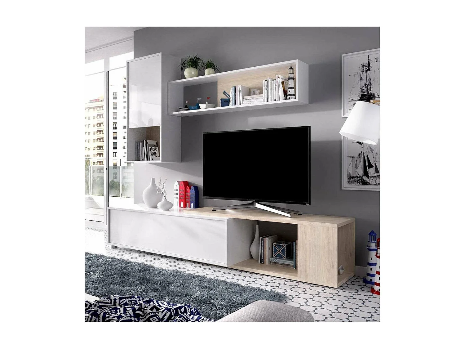 Mueble salón Escañuela flexible en blanco brillo/natural