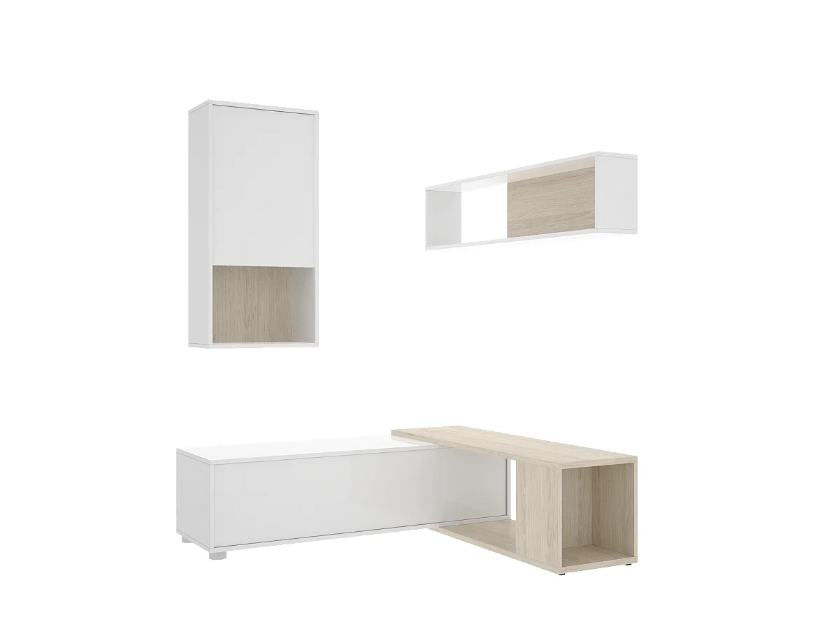 Mueble salón Escañuela flexible en blanco brillo/natural