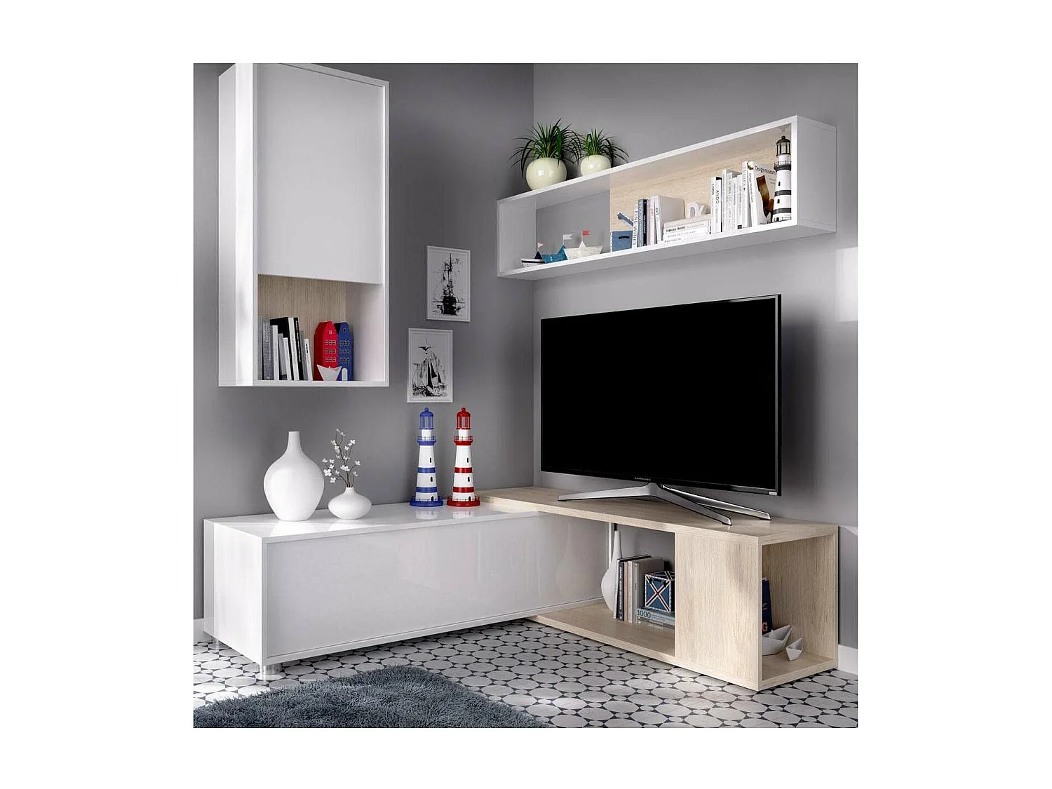 Mueble salón Escañuela flexible en blanco brillo/natural