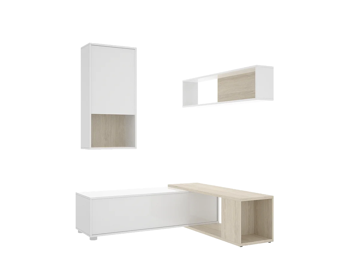 Mueble salón Escañuela flexible en blanco brillo/natural