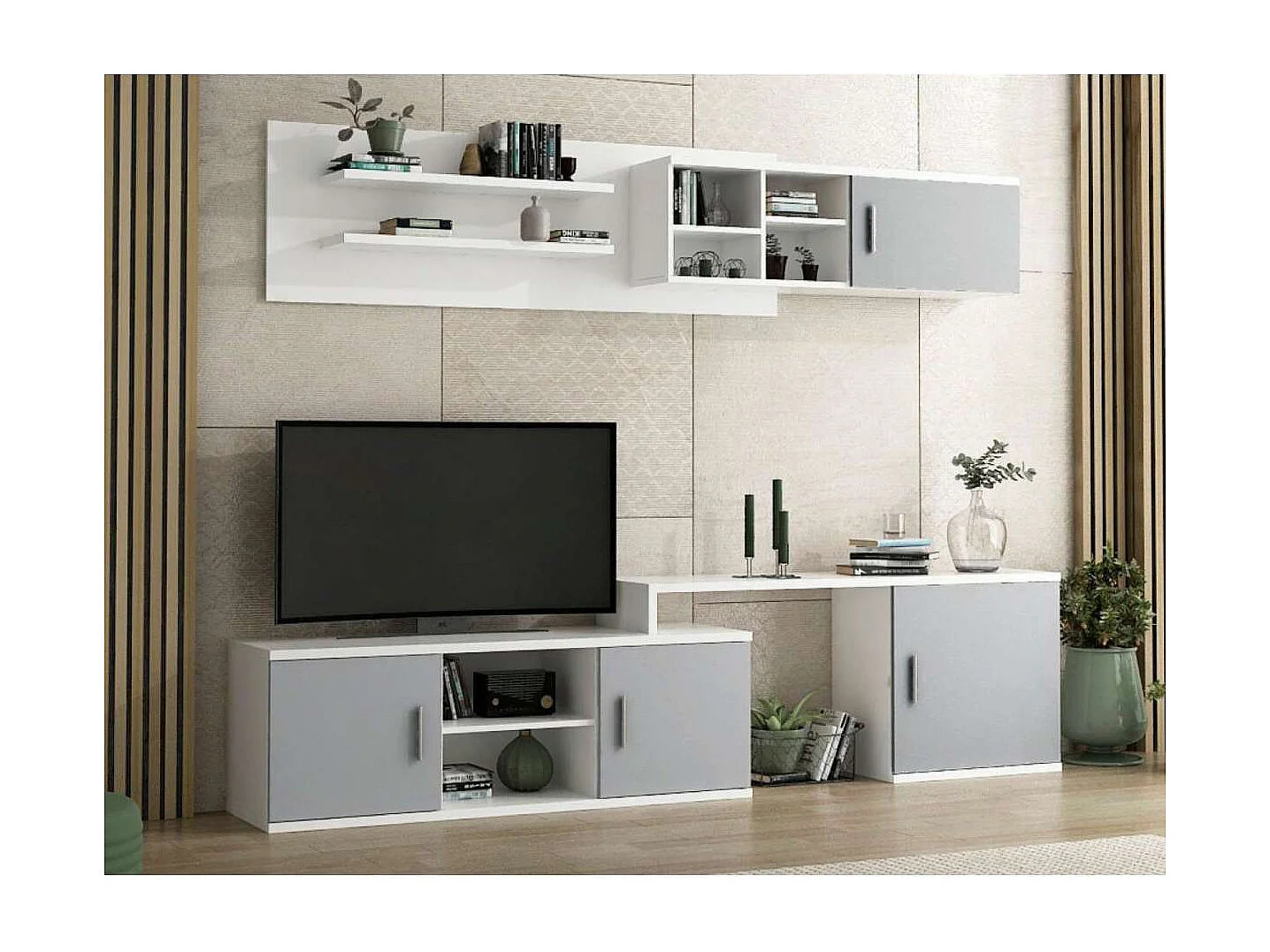 Composición de salón Benalúa en blanco y aluminio. De 220 a 270 cm de ancho. Se sirve m