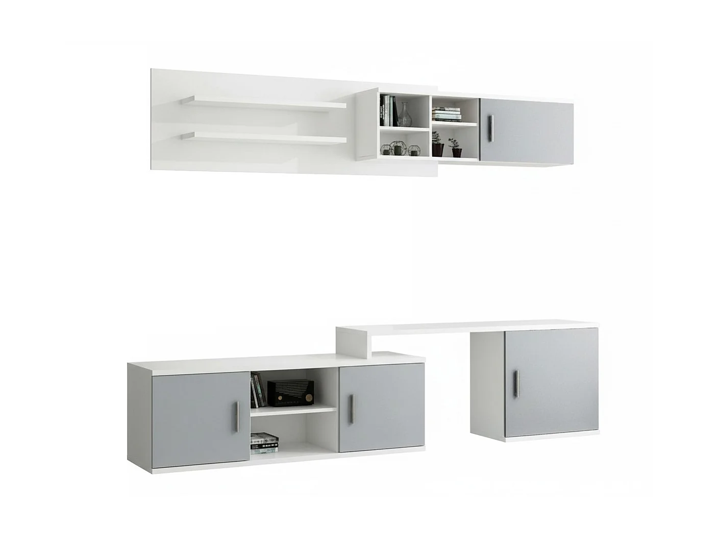 Composición de salón Benalúa en blanco y aluminio. De 220 a 270 cm de ancho. Se sirve m