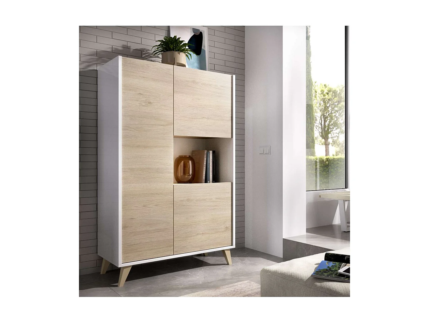 Modulo alto 3 puertas para salón o cocina Dina en Natural-Blanco, 135cm(alto) 81cm(ancho)