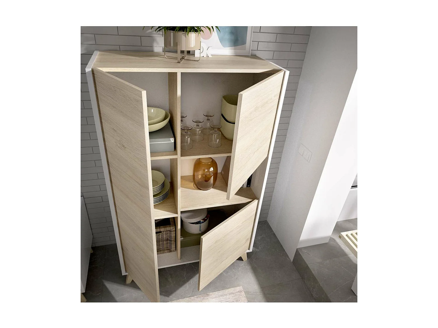 Modulo alto 3 puertas para salón o cocina Dina en Natural-Blanco, 135cm(alto) 81cm(ancho)