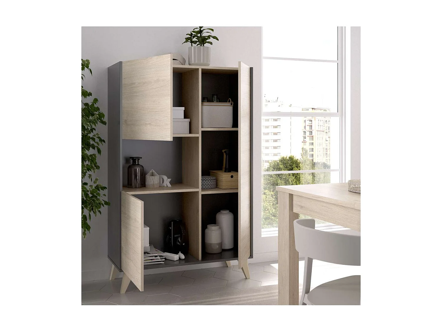 Modulo alto 3 puertas para salón o cocina Dina en Natural-Grafito, 135cm(alto) 81cm(ancho