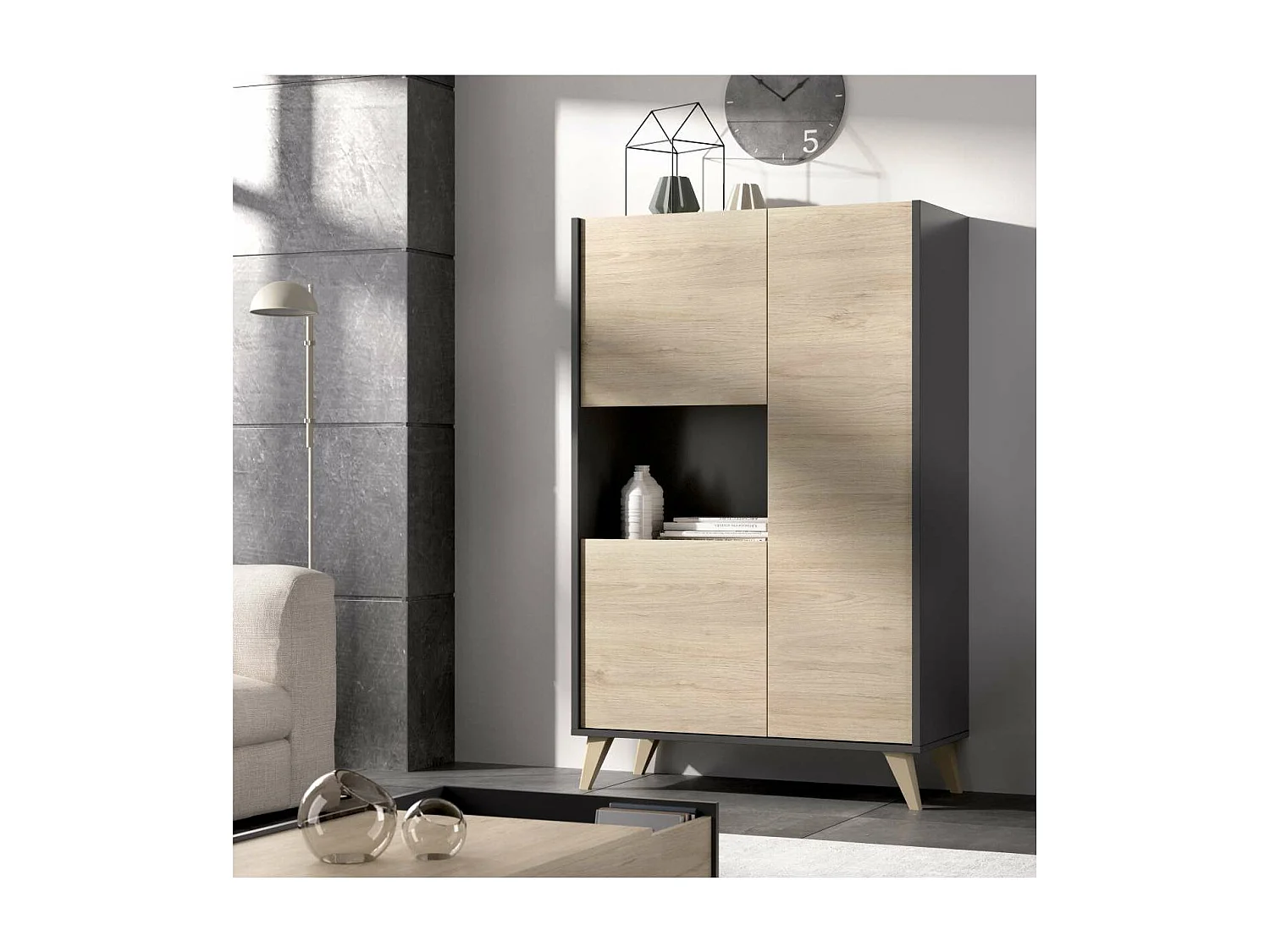 Modulo alto 3 puertas para salón o cocina Dina en Natural-Grafito, 135cm(alto) 81cm(ancho