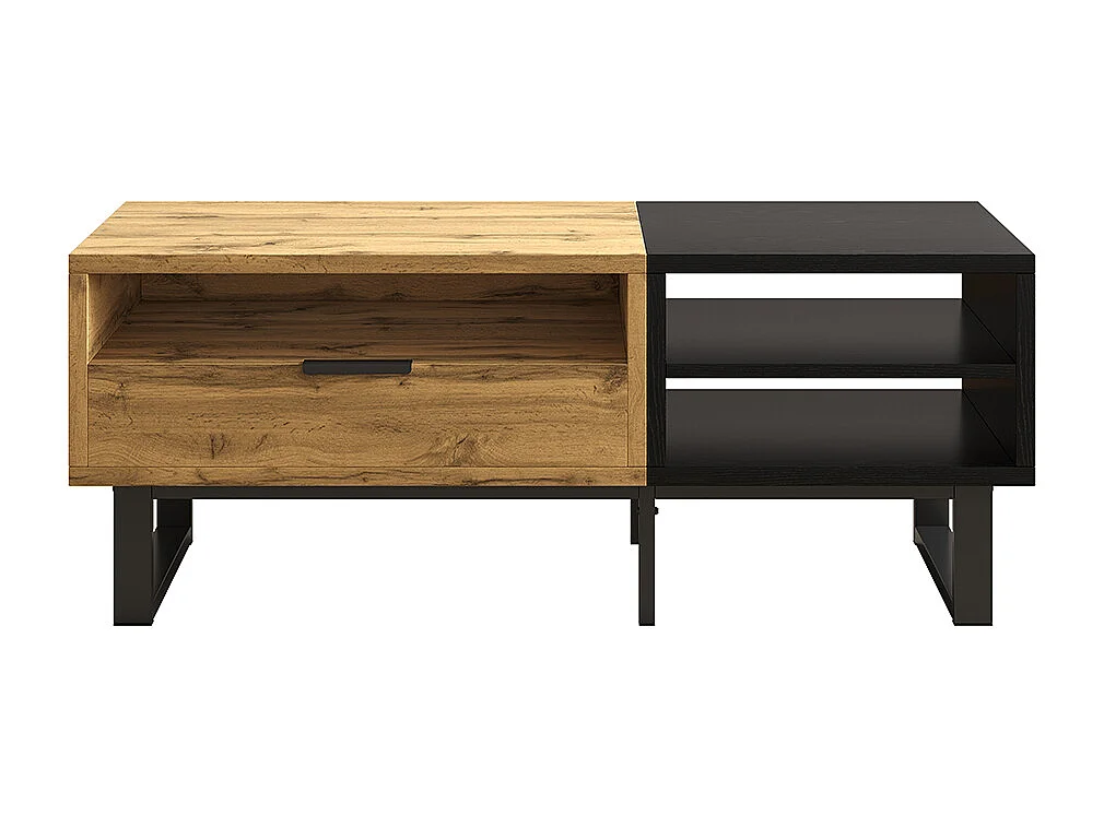 Salontafel, salontafel met gekleurde blokstructuur, met vakken en laden, metalen poten.