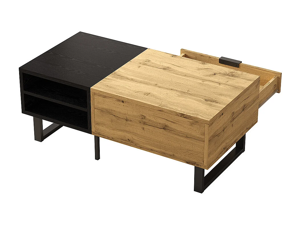 Salontafel, salontafel met gekleurde blokstructuur, met vakken en laden, metalen poten.